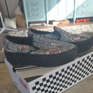 Vans Black and Pink Floral Slip-Ons